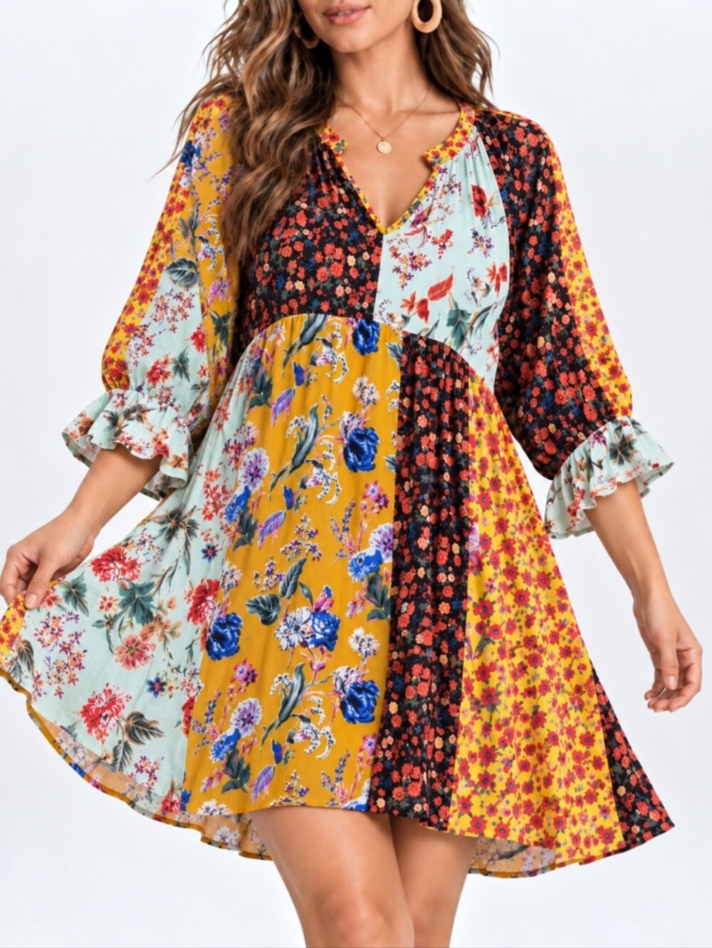 Umgee Floral Patchwork Babydoll Tunic Dress M Balloon Sleeve Boho Cottagecore